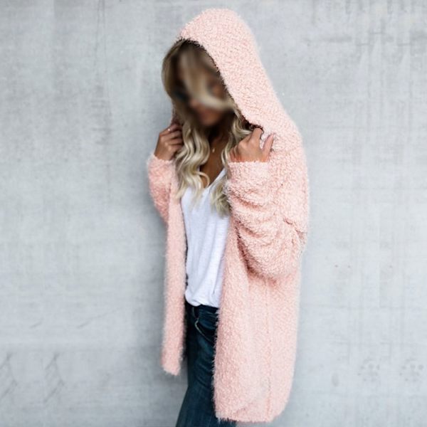 Naisten takki Cardigan Fleece Huppari Ohut ös Jacket Pink Rosa L