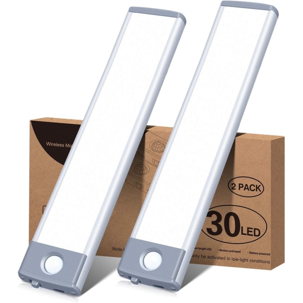 (Pure White, 2Pack) Led under skåpbelysning Rörelsesensor Trådlös uppladdningsbara skåplampor, ultratunn 30 LED batt