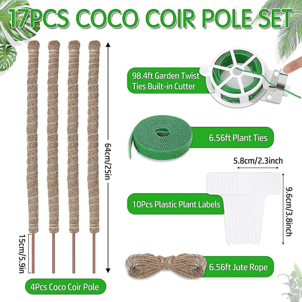 4-Pack 25" Coco Coir Moss Pole, oppgradert bøybar Plant Stake Moss Pole for Monstera med vristropp