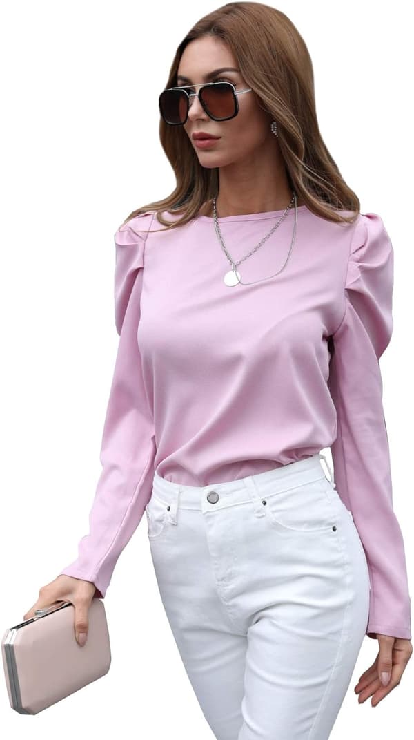 Kvinders Solid Puff Sleeve T-shirt med rund hals