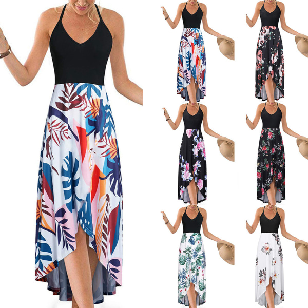 Kjole med strop i print Lang kjole Strandsolkjole Sort Black 5XL