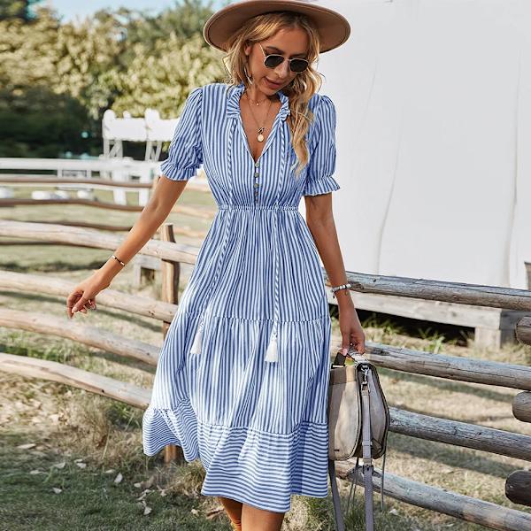Raidallinen lyhythihainen korkeavyötäröinen midimekko naisille, joissa on stringit Tyylikäs ja elegantti A Line -mekko naisille Kesävaatteet naisille Siniraitainen bluestriped M