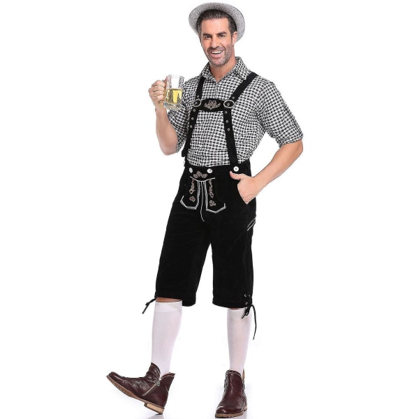 Miesten Baijerin Oktoberfest-setti pukujuhliin ja olutfestivaaleihin - Perinteiset Lederhosen-housut, paita ja hattu Halloween-asuun, musta Black M