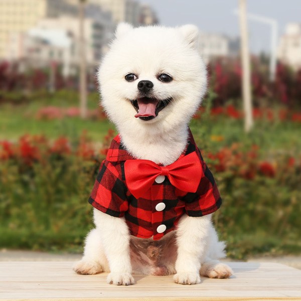 Kæledyrstøj Plaidskjortedragt Brudekjole Teddy Bichon Lille Mellemstor Hund Rød og sort plaid Red and black plaid S bust 35 back length 25cm