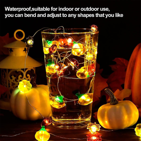 Efterårsdekorationslys - 10 fod 30 led 3D græskar-, ahorn- og agernlys til Thanksgiving, Halloween, jul, fødselsdage og boligindretning