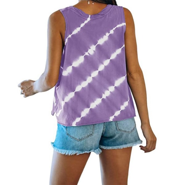 Randig printed ärmlös väst för kvinnor Lös T-shirt Topp Purple,L