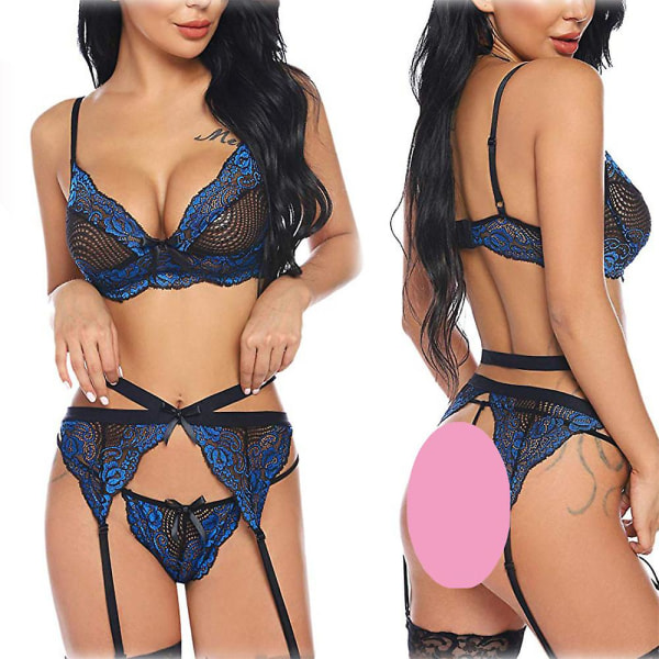 Damunderkläder Sexiga Spets Push Up Bikini Strumpebandsstrumpor Set Underkläder Nattkläder Blue Blue M