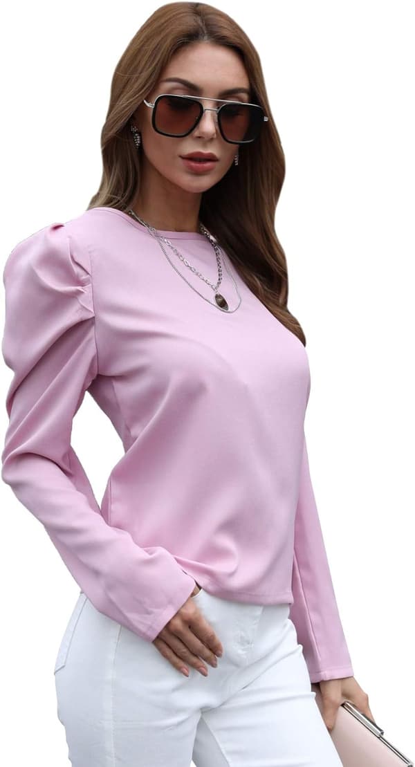 Kvinders Solid Puff Sleeve T-shirt med rund hals