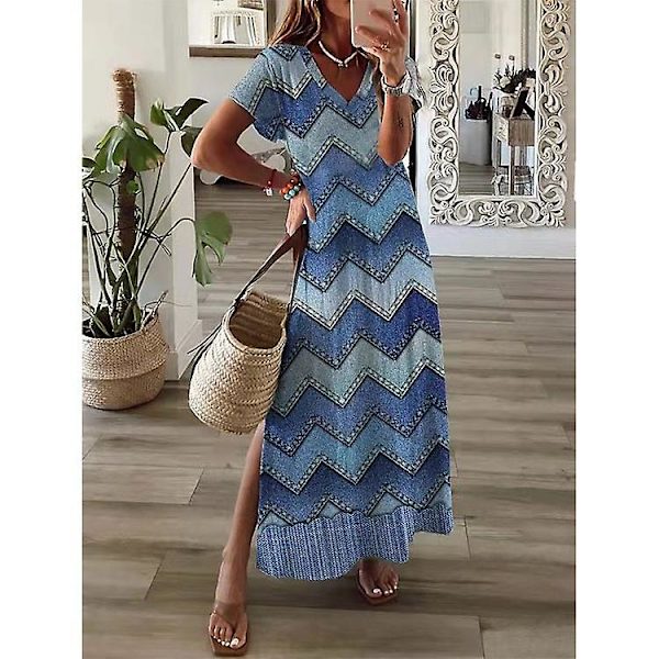 Kvinnor Printed kortärmade V-ringad Maxiklänningar Sida Slit Sommar Holiday Party Casual långa klänningar Wave Pattern Wave Pattern XL
