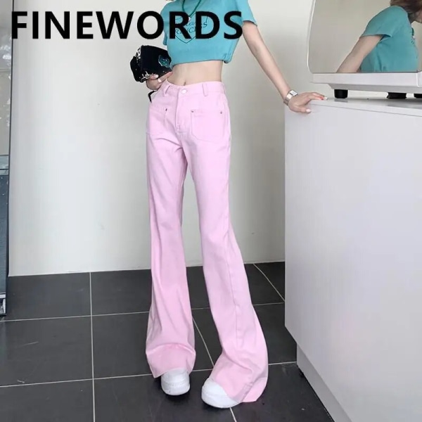 FINORD Retro Lys Rosa Bell Bottom Jeans Kvinner Med Pocket Treetwear Høy midje Baggy Jeans Løse koreanske Flare denimbukser Rosa Pink S