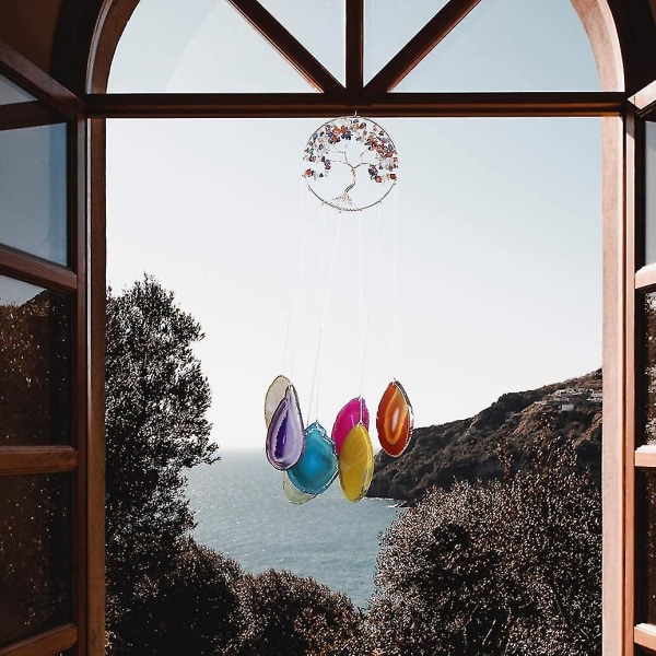 7 Chakra Natural Agate Discs Livets tre Krystall vindklokker Hengende vindklokker for hage utendørs innendørs dekorasjon