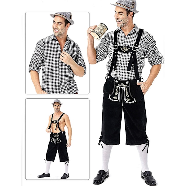 Miesten Baijerin Oktoberfest-setti pukujuhliin ja olutfestivaaleihin - Perinteiset Lederhosen-housut, paita ja hattu Halloween-asuun, musta Black XL
