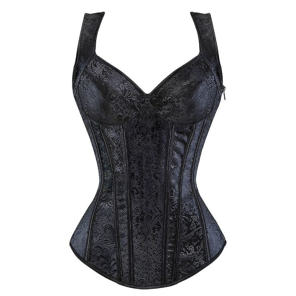 Kvinder Gothic Jacquard Skulderstropper Overbust Korset Bustier Vægttab Steampunk Korsetter Med Kop Lynlås Side Sexet Korset sort black 5XL