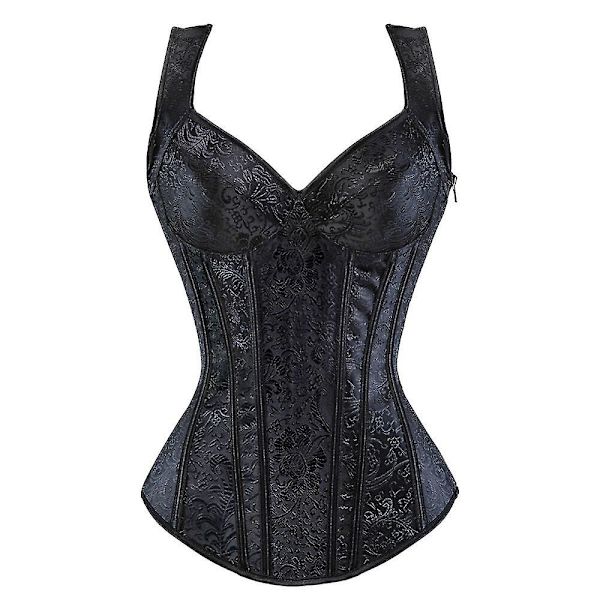 Naisten goottilainen jacquard-olkaimet Overbust korsetti Bustier painonpudotus Teampunk korsetit kupilla vetoketju ida exig korsetti musta black S
