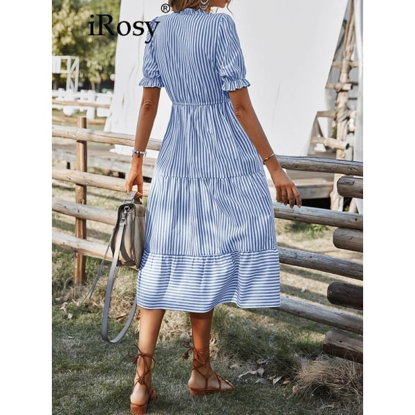 Randig, kortärmad, hög midja midiklänning för kvinnor med strängar Chic och elegant A-linjeklänning för damer sommarkläder för kvinnor khakistriped khakistriped M