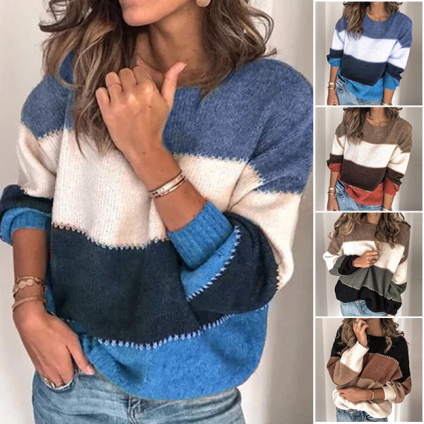 Dam Oversized Color Block Sweater ösrandig Tjock Pullover Blå Blå L