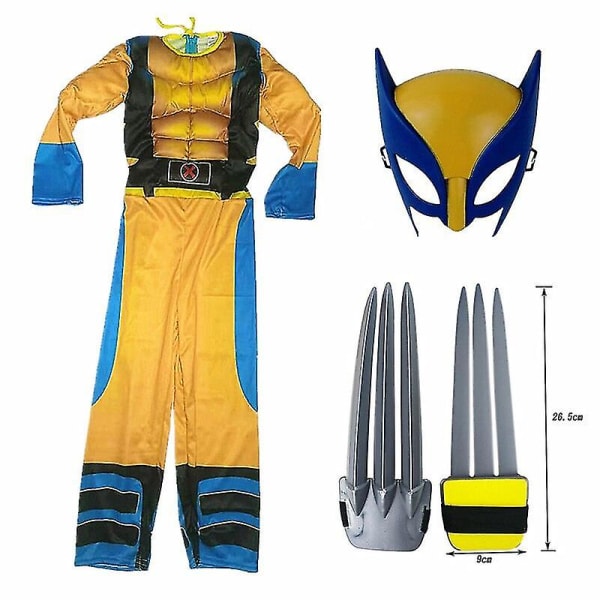 Børn Wolverine Costume Drenge Superhelte Jumpsuit Børn Halloween Cosplay Maske/Wolf Claw Rekvisitter Fantasy-e 3 stk Sæt 3Pcs Set S(110-120CM)