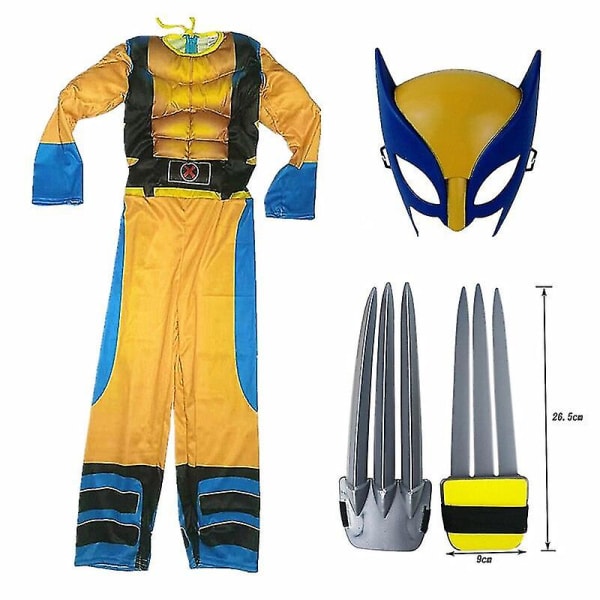 Kids Wolverine Costume Boy Superhelt Jumpsuit Kids Halloween Cosplay Mask/Wolf Claw Props Fantasy-e 3stk sett 3Pcs Set M(120-130CM)