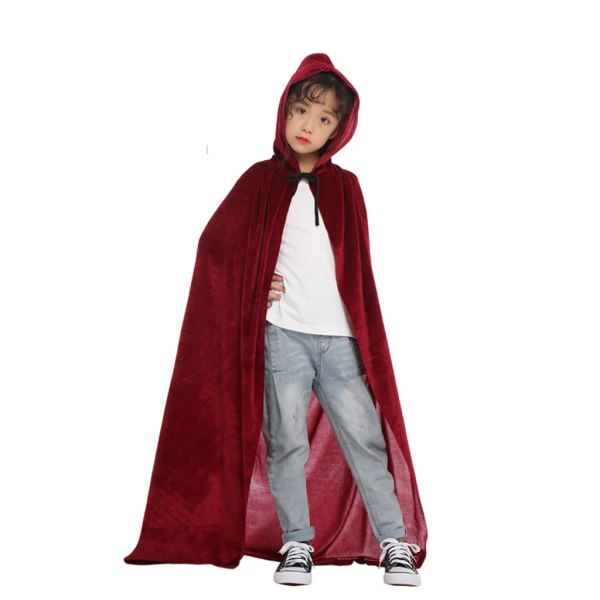 Halloween Hooded Cloak Velvet Cape Uni Barn Lång Kappa Kostym Roll Cosplay Kostymer Ytterkläder Halloween Party Prop,Red Wine-M 90cm