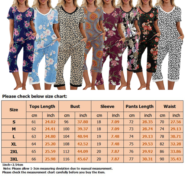 Naisten pyjamat, 2-osainen yöpuku lyhythihainen t-paita ja Capri-housut, musta printti Black Print M