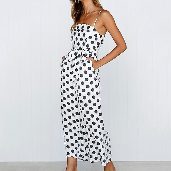 Kvinnors Strappy Holiday Playsuit Dam Jumpsuit Beach Dot Printed Bred Ben För Sommar Nytt White White L