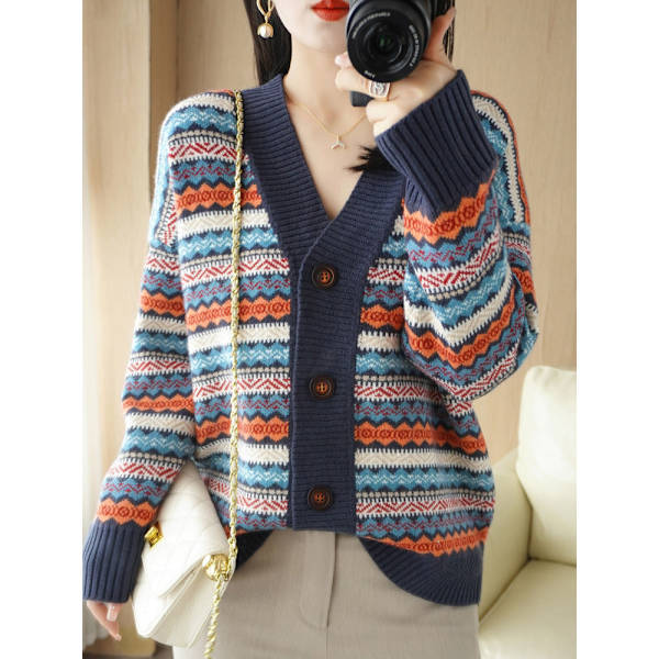 Dam flickor Stickad tröja Koreansk stil V-ringad Etnisk stil Jacquard stickad cardigan Navy blue Navy blue XXL