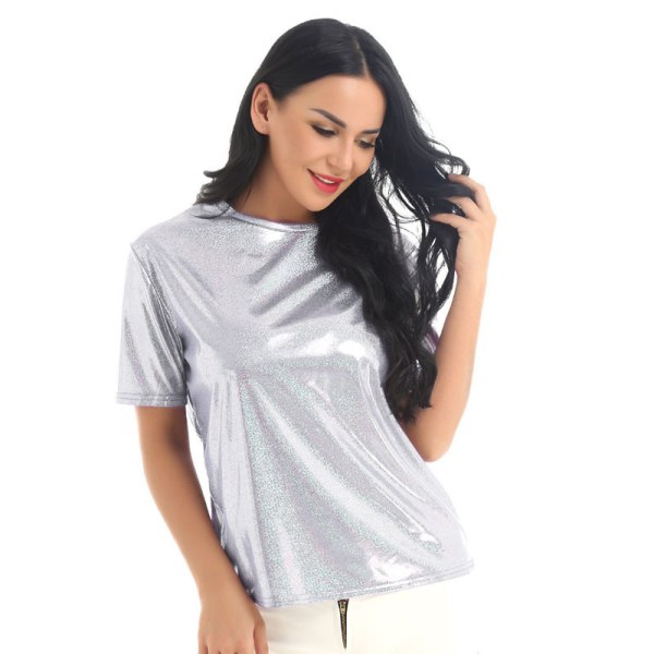 Dame T-skjorter Metallic Topp Crewneck skinnende T-skjorter sølv silver L