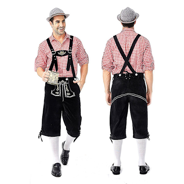 Miesten Baijerin Oktoberfest-setti pukujuhliin ja olutfestivaaliin - Perinteinen ederhosen, paita ja hattu Halloween-asuihin, punainen Red L