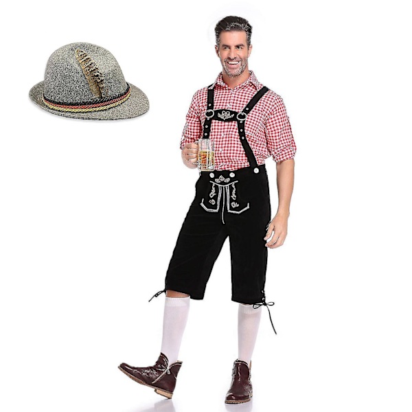 Miesten Baijerin Oktoberfest-setti pukujuhliin ja olutfestivaaliin - Perinteinen ederhosen, paita ja hattu Halloween-asuihin, punainen Red L