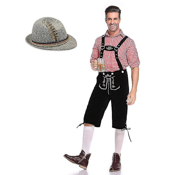 Bayersk Oktoberfest- set för män för utklädningsfest och ölfestival - Traditionell Lederhosen, skjorta och hatt för Halloween-kostym Red Red M