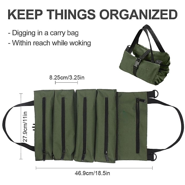 Roll Up Værktøjstaske, lærredsnøgle Roll Up Pouch Multi-Tool Roll Organize, 5 værktøjslommer med lynlås green