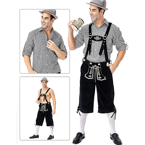 Bayersk Oktoberfest- set för män för utklädningsfest och ölfestival - Traditionell ederhosen, skjorta och hatt för Halloween-kostym Black Black L