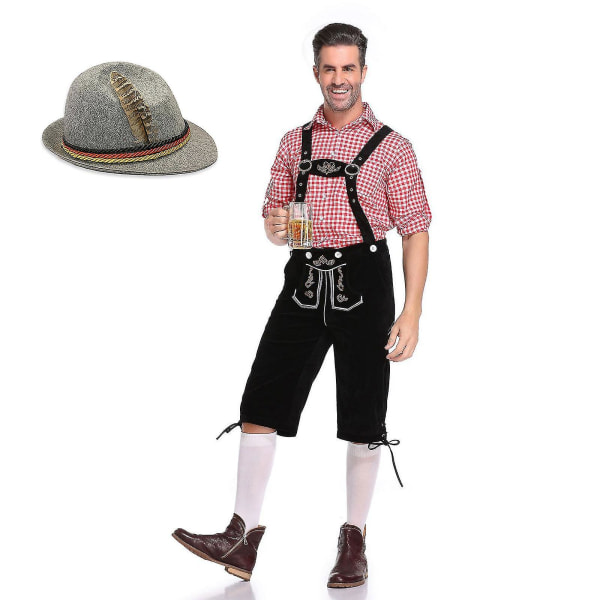 Bayersk Oktoberfest- set för män för utklädningsfest och ölfestival - Traditionell Lederhosen, skjorta och hatt för Halloween-kostym Red Red 2XL