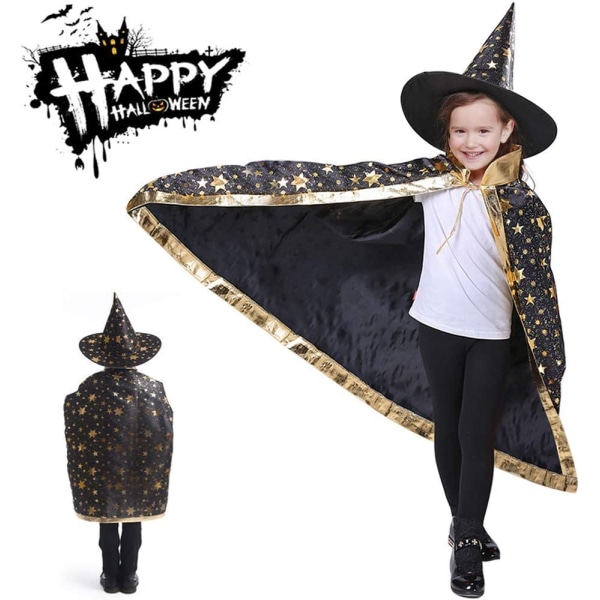 Barn Halloween kostym, Witch Wizard Kappa med hatt fö Magie Schwarz