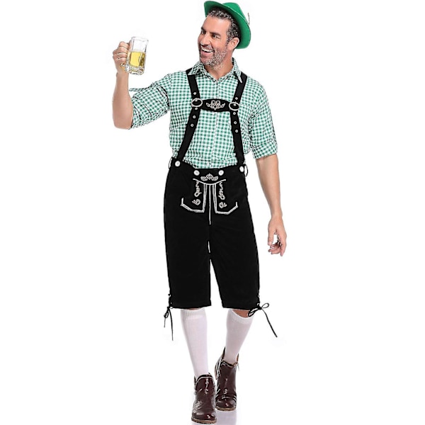Miesten Baijerin Oktoberfest-setti pukujuhliin ja olutfestivaaliin - Perinteinen ederhosen, paita ja hattu Halloween-asunvihreään Green L