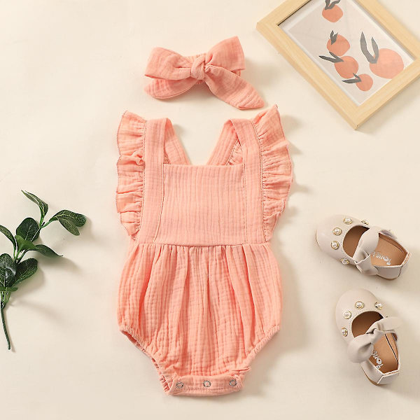 Sommerlinned Babytøj Nyfødt spædbarn Baby Piger Romper + pandebånd Muslin Baby Romper Tøj