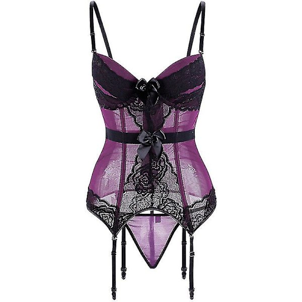 Plus Size Korsetti Alusvaatteet Pitsi Kukat Läpinäkyvä Pehmustettu Kuppi Korsetit Hihnat Alusvaatteet Bowknot Korsetti Rinnat olkaimet Violetti Purple M