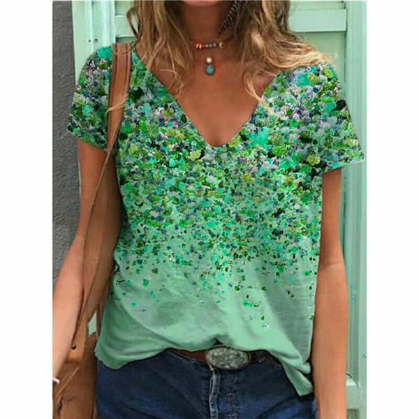 Kvinder V-hals Toppe T-Shirt Dame Blomsterbluse color
