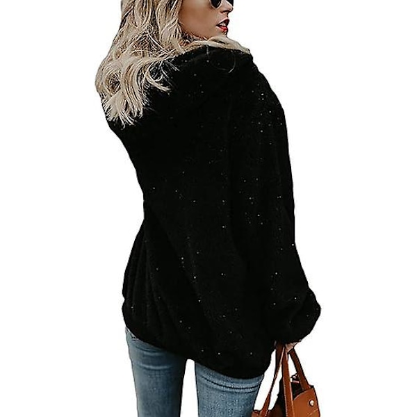 Super Dalian hættetrøje Dame lam Fleece Pullover Fleece Uld Pullover Hævet frakke med lommer (sort) XXL
