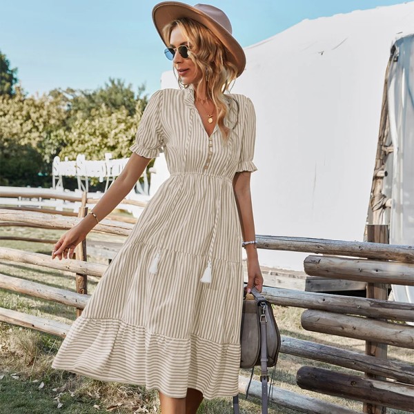Randig, kortärmad, hög midja midiklänning för kvinnor med strängar Chic och elegant A-linjeklänning för damer sommarkläder för kvinnor khakistriped khakistriped XL