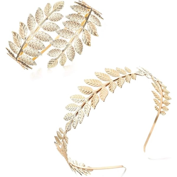 2 delar grekisk gudinna kostymtillbehör för kvinnor gyllene/silverblad Laurel Crown Pannband Armband Armarmband