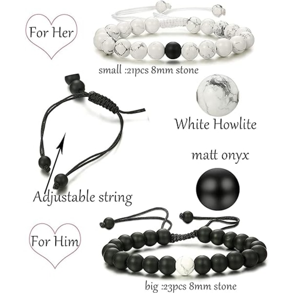 2 delar naturstensarmband för män kvinnor matt armband svart agat vit howlit pärlor armband set
