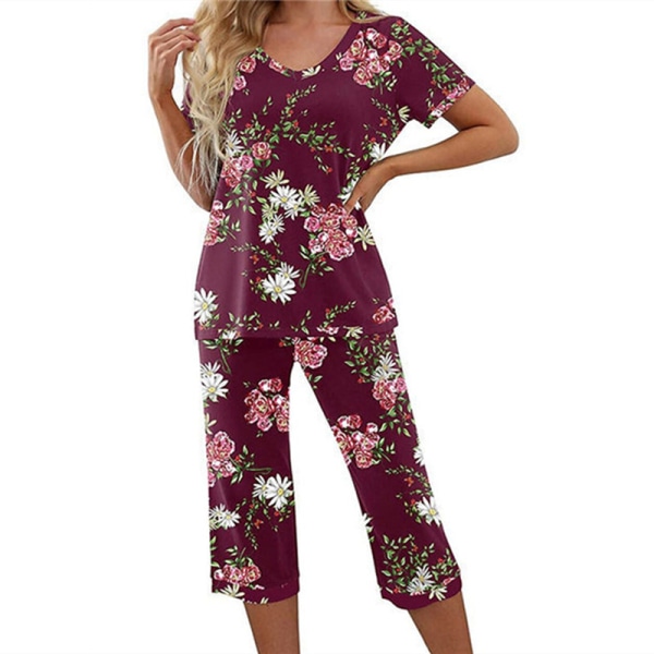 Naisten pyjamat, 2-osainen yöpuku lyhythihainen t-paita ja Capri-housut, punainen Red 2XL