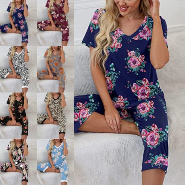 Naisten pyjamat, 2-osainen yöpuku lyhythihainen t-paita ja Capri-housut, valkoinen leopardikuvio White Leopard Pattern L