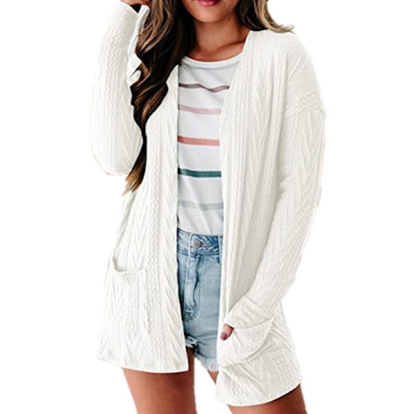Damesweater i ensfarvet cardigan med åben frontkappe Hvid White S
