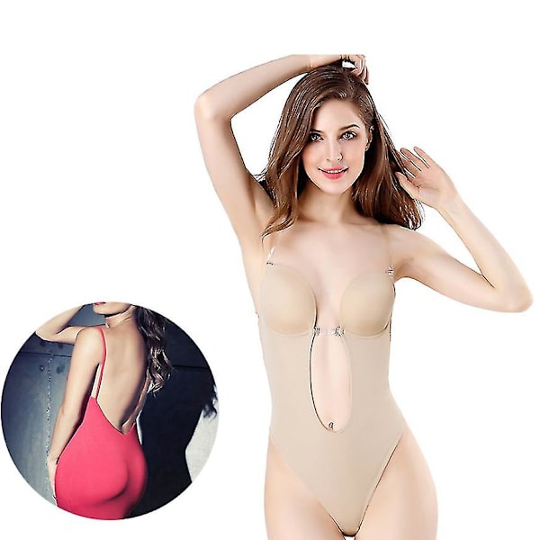 Djup V-ringad kroppsformare för kvinnor Axelbandslös rygglös BH Bodysuit Shapewear U Plunge Seamless stringtrosa Beige L-36