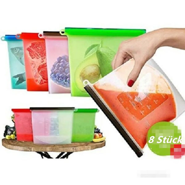 Pakkaus 8 Kitchen Fresh Zip Lock PAG Uudelleenkäytettävä silikonipakastin Säilytys Vetoketjukassit Vacuum Fresh