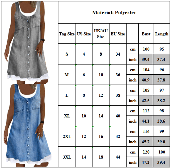 Dame Fake Denim Solid Casual Løs Linen ididress grå grey M