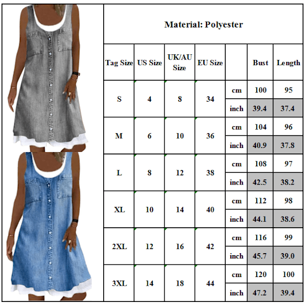 Kvinders Fake Denim Solid Casual Løs Linned ididress grå grey M