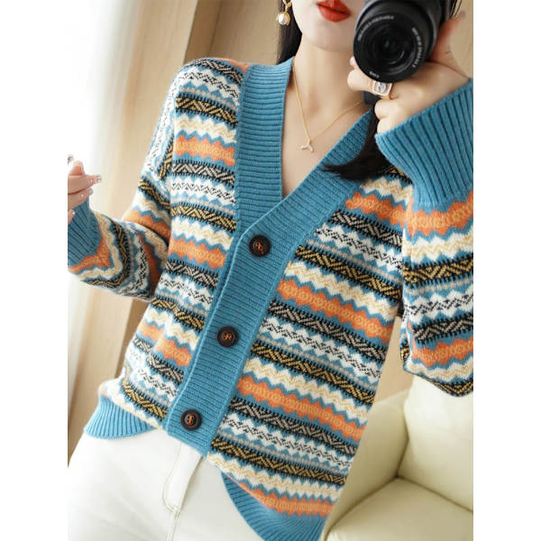 Dam flickor Stickad tröja Koreansk stil V-ringad Etnisk stil Jacquard stickad cardigan Lake Blue Lake Blue XL